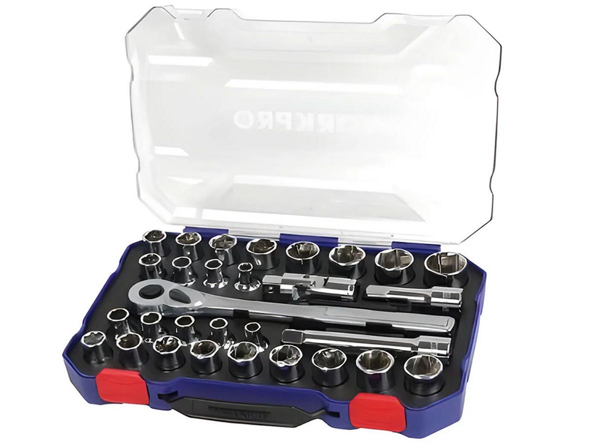 Bộ đầu cờ lê thay thế 1/2 inch Workpro WP202525 gồm 30 chi tiết, dùng đa dụng cho garage và sửa chữa cơ khí.