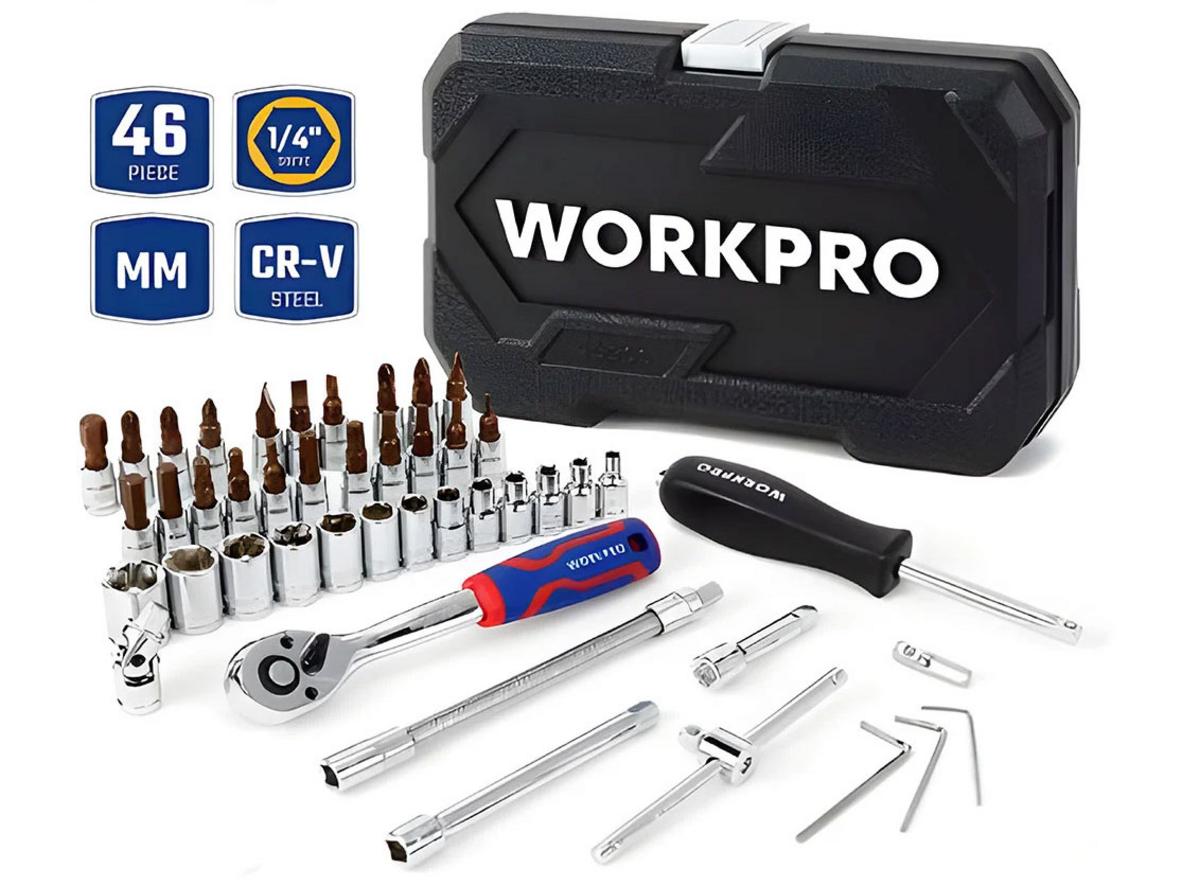 Toàn bộ 46 chi tiết của bộ Workpro WP202540 được sắp xếp rõ ràng trong hộp.