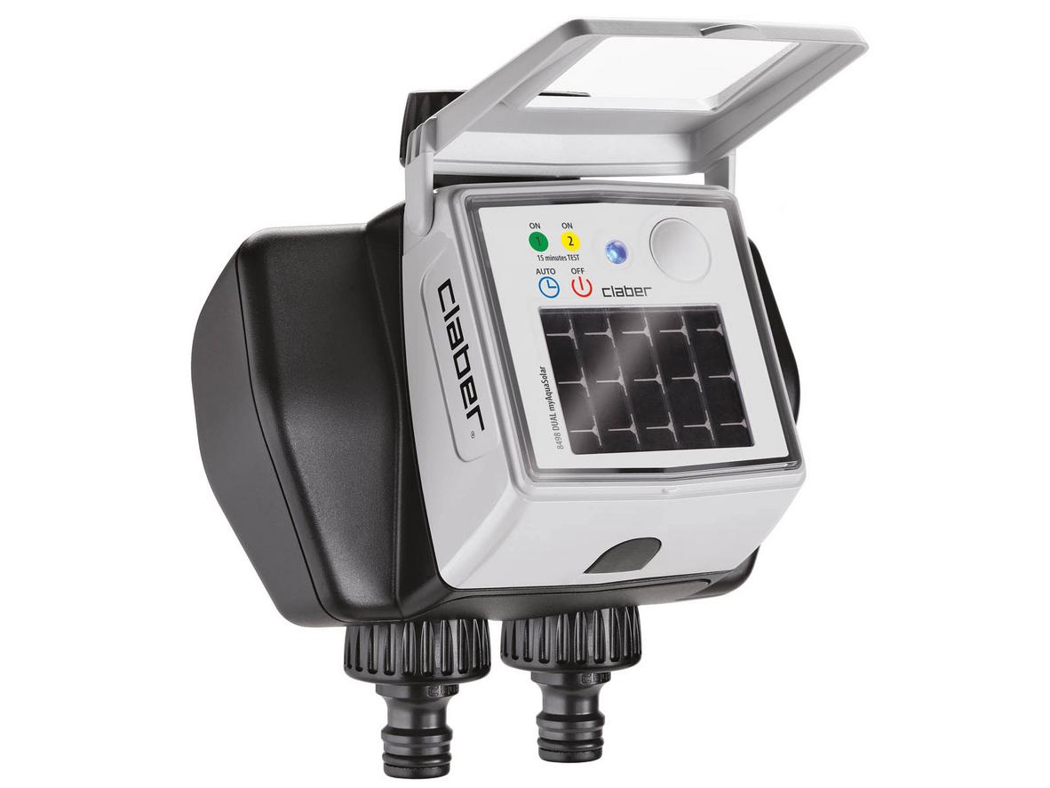 Claber Dual myAquaSolar 8498: tưới tự động 2 kênh bằng năng lượng mặt trời, điều khiển Bluetooth tiện lợi.
