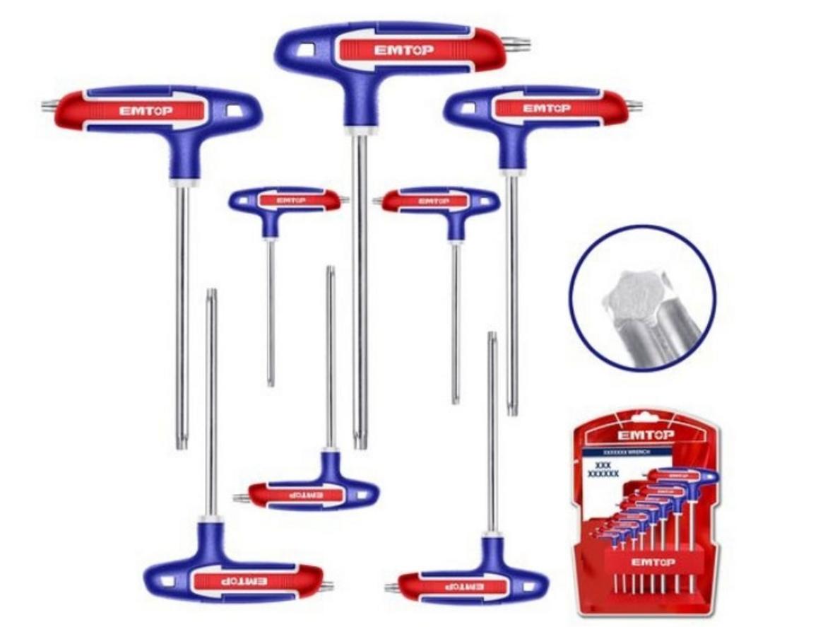 Bộ hoa thị tay cầm chữ T 8 chiếc Emtop ETHW6063 cho thao tác vặn ốc Torx chắc tay, ít trượt.