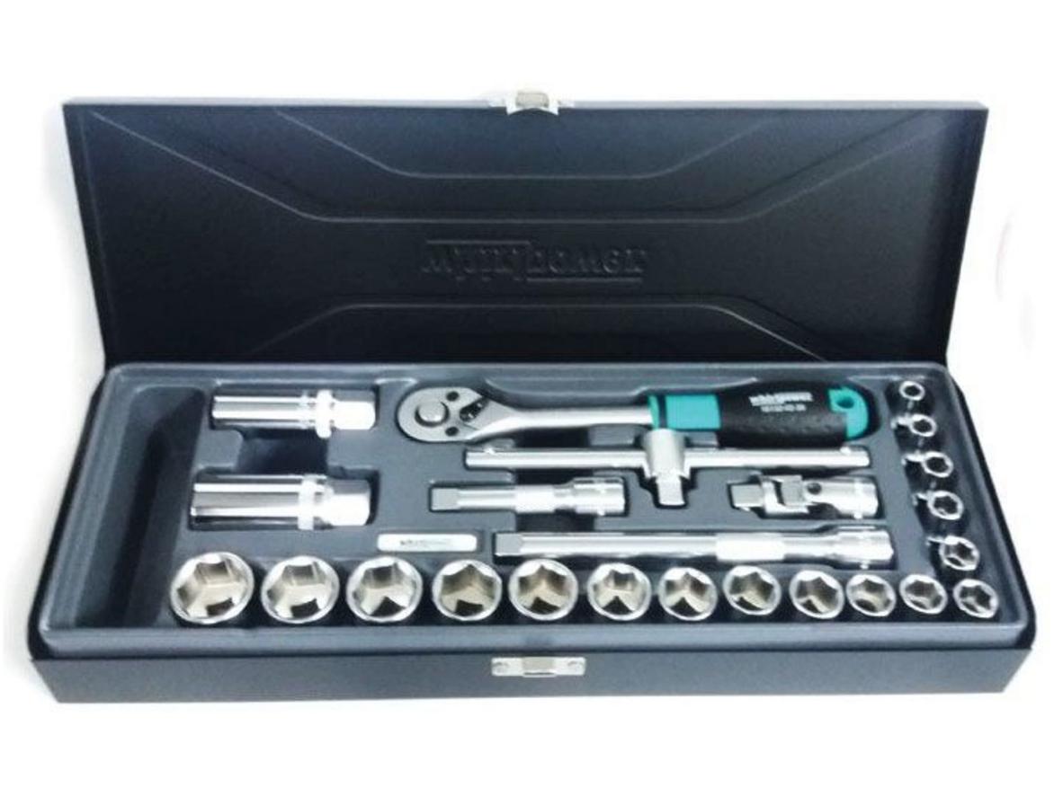 Bộ khẩu 3/8 inch 24 chi tiết Whirlpower 1613-SK03S với 24 món đầy đủ trong hộp sắt chắc chắn.