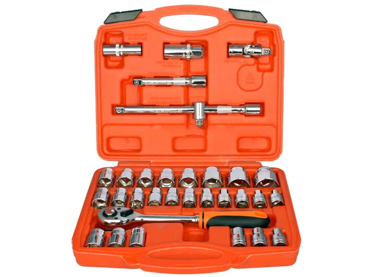 Bộ khẩu 1/2 inch xi bóng Asaki AK-9772 (32 chi tiết) với hộp đựng gọn gàng và đầy đủ phụ kiện.