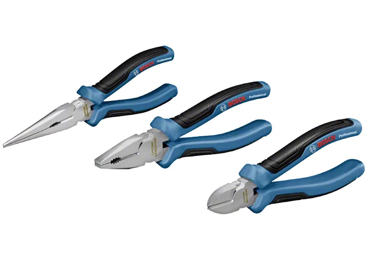 Bộ kìm cắt 3 món Bosch 1600A016BG gồm 3 loại kìm chuyên dụng, tối ưu cho cắt, kẹp và uốn dây.