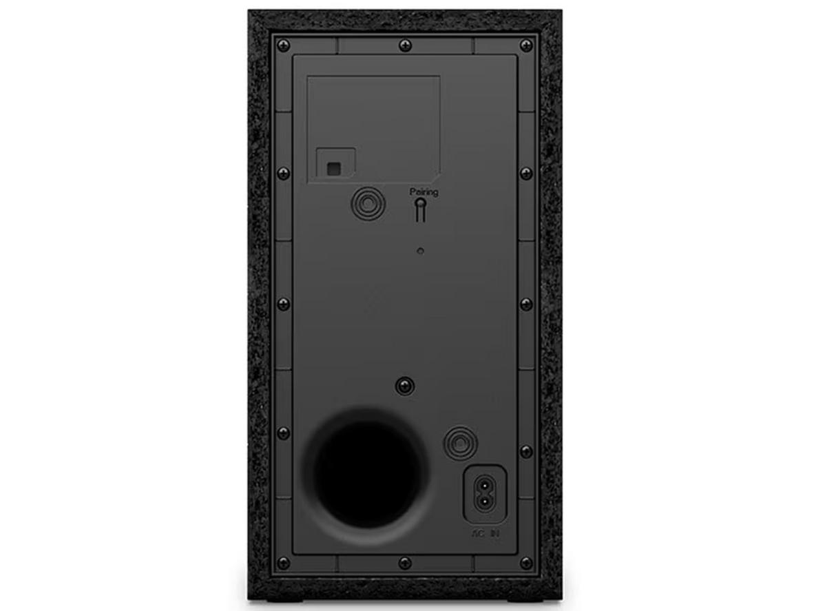 Cấu hình 2.1 kênh của LG S40T cho âm thanh mạnh, bass rõ và bố trí gọn trong nhà.