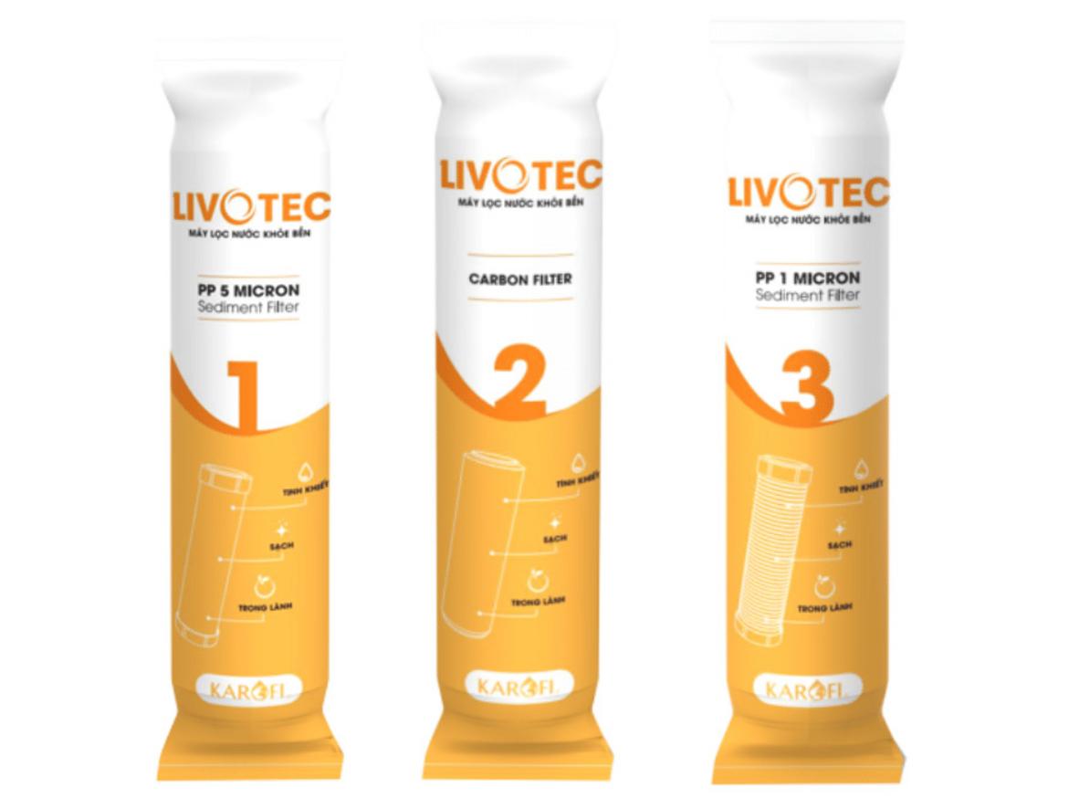 Cấu trúc 3 cấp lọc của bộ lõi lọc Karofi Livotec 1-2-3 trước màng RO.