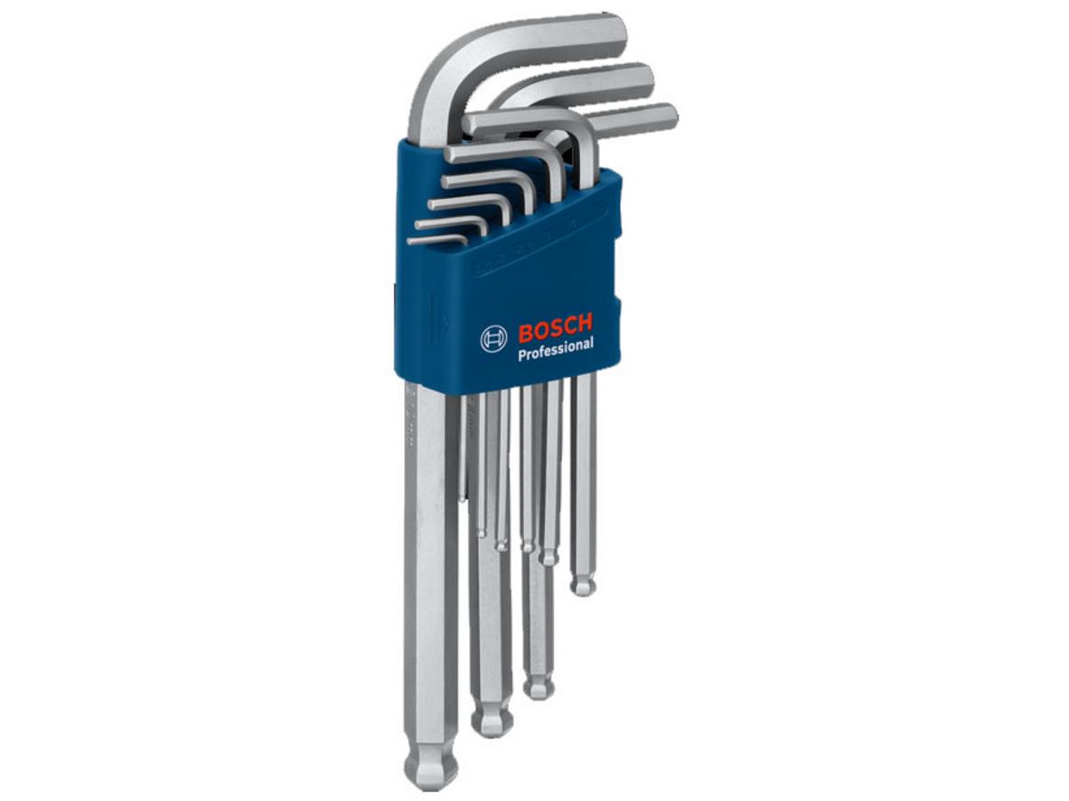 Bộ lục giác 9 món Bosch 1600A01TH5 với 9 size từ 1.5mm đến 10mm, đầu bi linh hoạt và khay nhựa giữ dụng cụ gọn gàng.