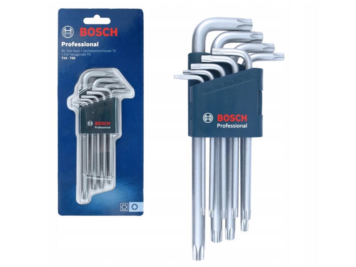 Bộ lục giác bông Bosch 1600A01TH4 gồm 9 size TX10–TX50, phù hợp cho thao tác Torx trong cơ khí và xe máy.