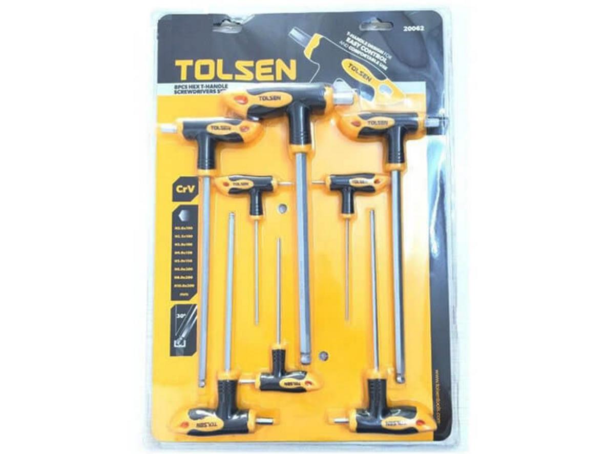 Bộ lục giác chữ T 8 cây Tolsen 20062 (bộ bi) với 8 chi tiết, đầu bi linh hoạt và tay cầm chữ T