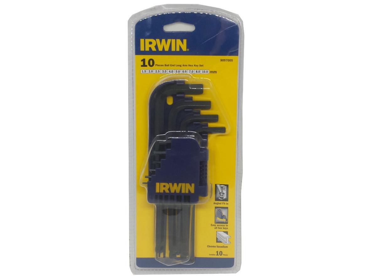 Bộ lục giác hệ mét Irwin T9097005 gồm 10 size, gọn nhẹ 300g, phù hợp sửa chữa cơ khí và DIY.