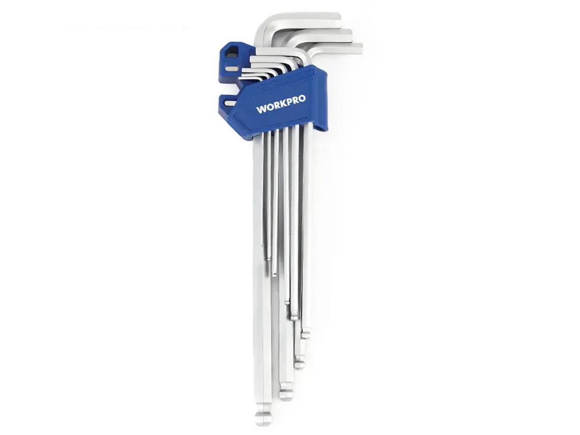 Bộ lục giác S2 đầu bằng hệ mét Workpro WP222035 với 9 size thông dụng 1.5–10mm.