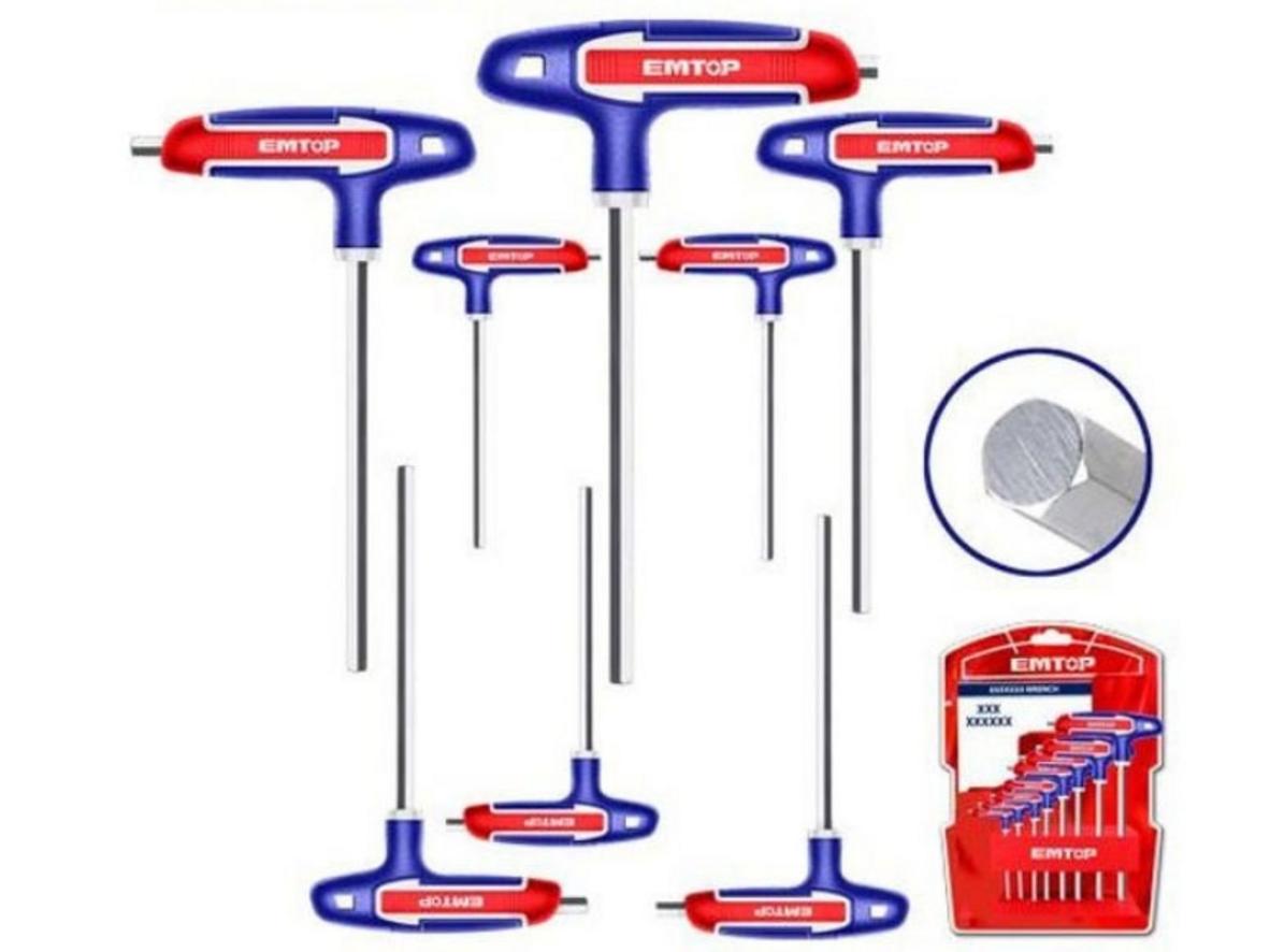 Bộ lục giác tay cầm chữ T 8 chiếc Emtop ETHW6061 với 8 size hệ mét và đế lưu trữ gọn gàng.