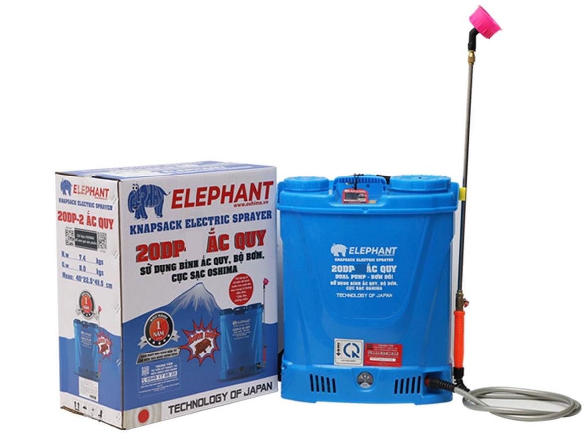Elephant 20DP nổi bật với bình 20 lít và ắc quy 12V/12Ah.