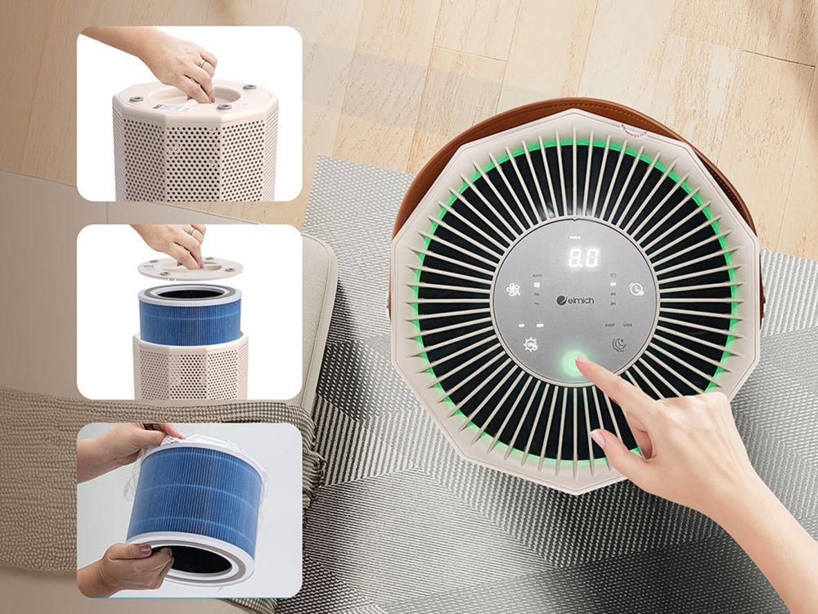 Cụm lõi lọc 3 lớp của Elmich APE9325 với màng lọc thô, HEPA 13 và than hoạt tính.