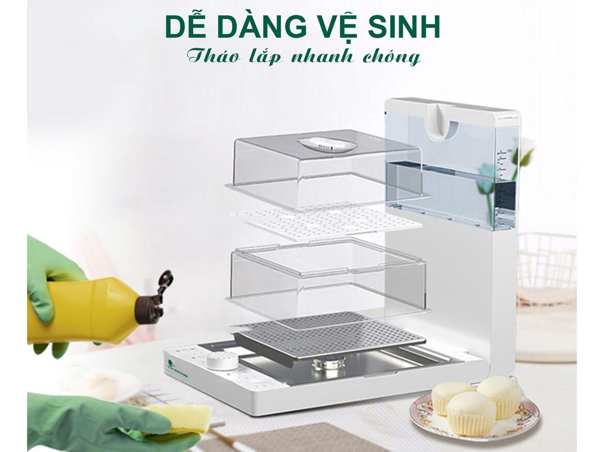 FJM-1602 dùng núm vặn, FJM-1604 dùng nút nhấn, cùng 3 tầng hấp 18.8 lít.