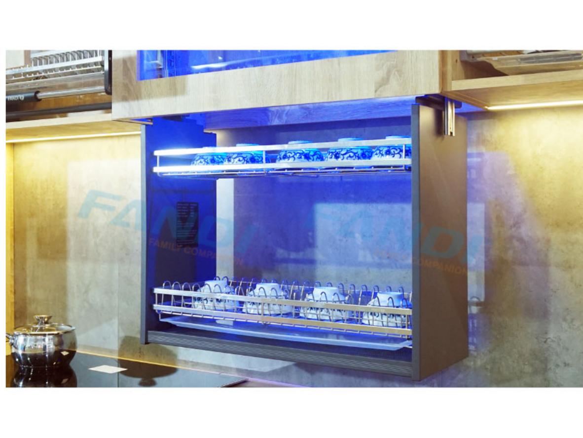 Giá bát đĩa nâng hạ điện FA380E phù hợp cho tủ bếp trên 800mm, thao tác lấy cất bát đĩa nhẹ nhàng hơn.