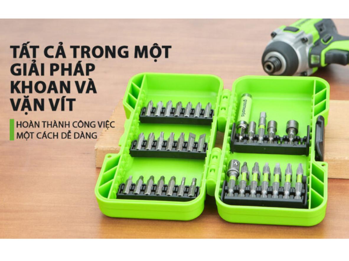 Bộ Greenworks 3509002 có nhiều đầu mũi phổ biến, phù hợp cho lắp đặt và sửa chữa.