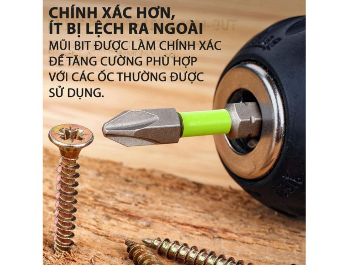 Chuôi lục giác 1/4 inch hỗ trợ lắp nhanh và tương thích rộng.