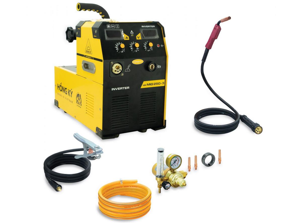 Dải dòng hàn 100A–250A giúp máy linh hoạt cho nhiều độ dày vật liệu.