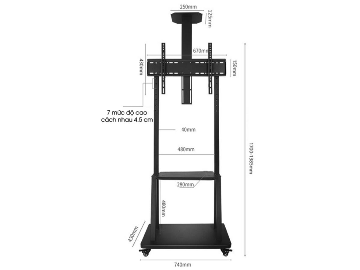 Khung thép sơn tĩnh điện giúp giá treo tivi di động 1700/E1900 ổn định và bền bỉ.