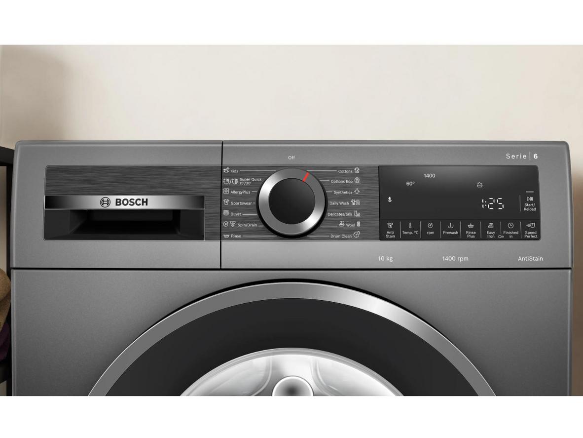 Bosch WGG25401SG Series 6 mang vẻ ngoài sang trọng, phù hợp không gian giặt giũ hiện đại.