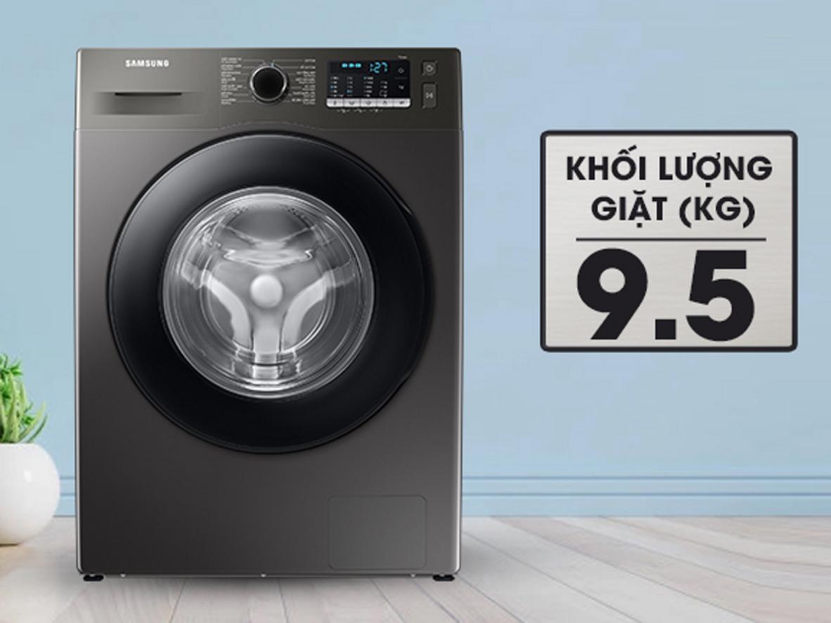Samsung WW95TA046AX/SV thiết kế cửa ngang 9,5kg, phù hợp gia đình Việt cần giặt sạch sâu và vận hành êm.