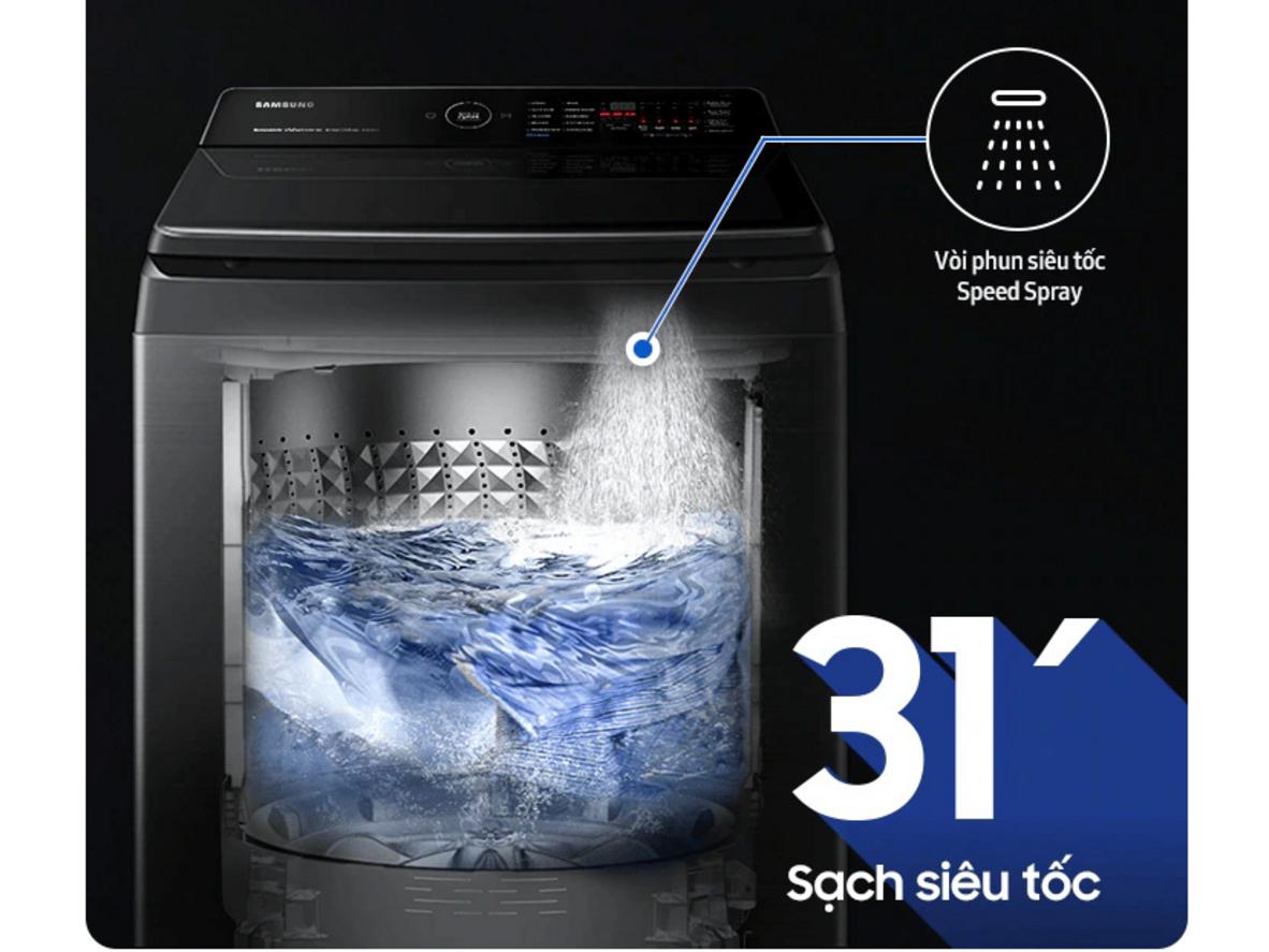 Samsung WA80F15B6BSV: cửa trên 15kg, giặt lớn, vận hành êm.
