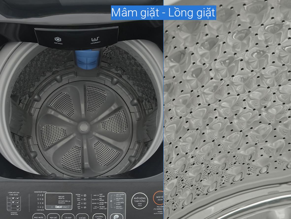 Máy giặt Toshiba 9kg AW-M1000FV(MK) màu đen, thiết kế cửa trên gọn đẹp cho gia đình 3–5 người.