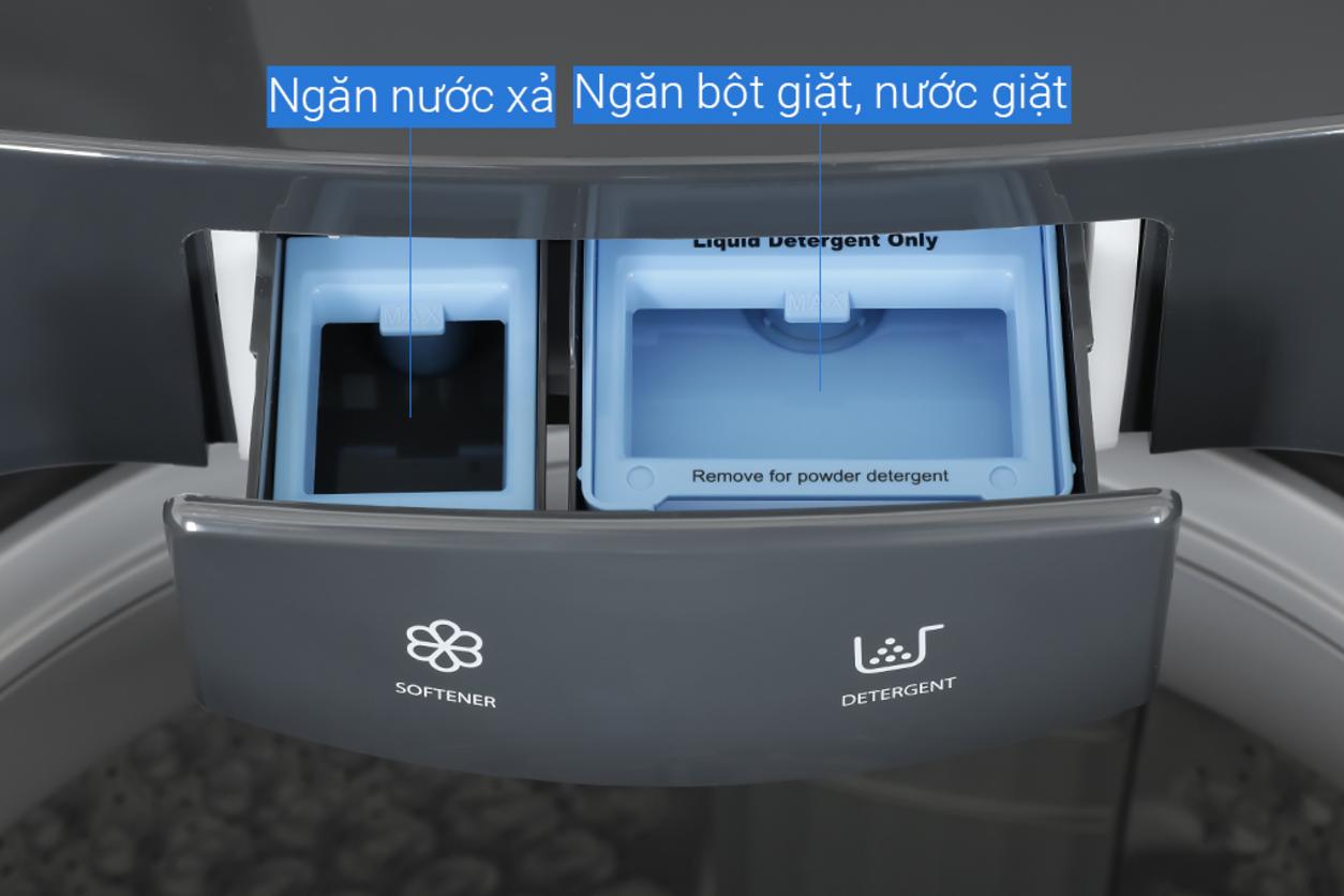 Thiết kế cửa trên, lồng giặt thép không gỉ và nắp kính chịu lực tạo cảm giác bền chắc, dễ dùng.