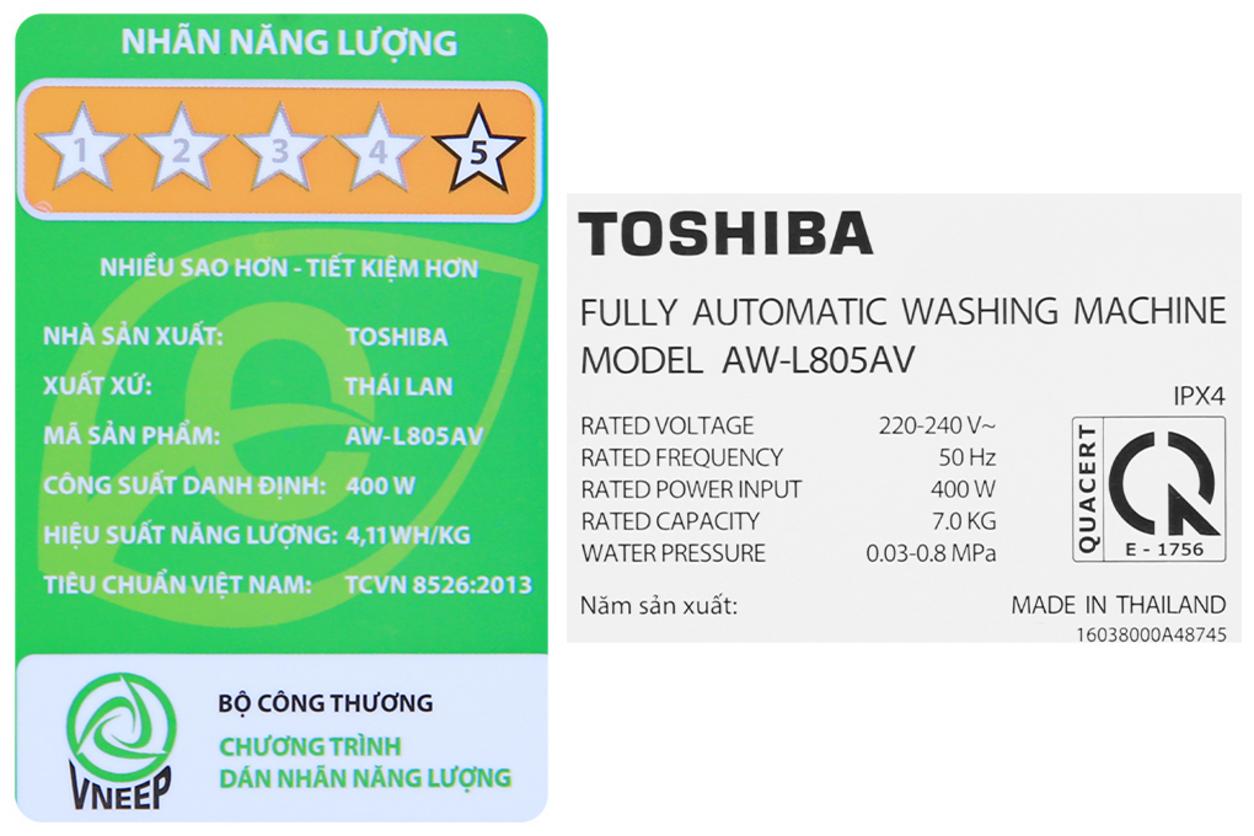 Các chi tiết chính của Toshiba AW-L805AV (SG) tập trung vào độ bền, độ sạch và tính dễ dùng.
