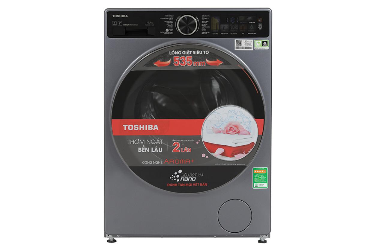 Máy giặt Toshiba Inverter 10.5kg TW-T25BU115MWV(MG) nổi bật với thiết kế cửa trước và lồng giặt rộng.