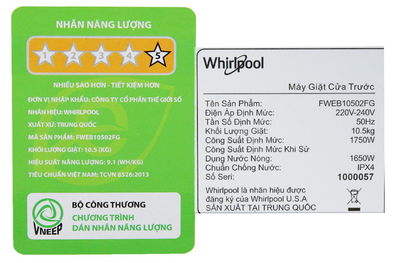 Thiết kế hiện đại và vật liệu bền bỉ của Whirlpool FWEB10502FG.