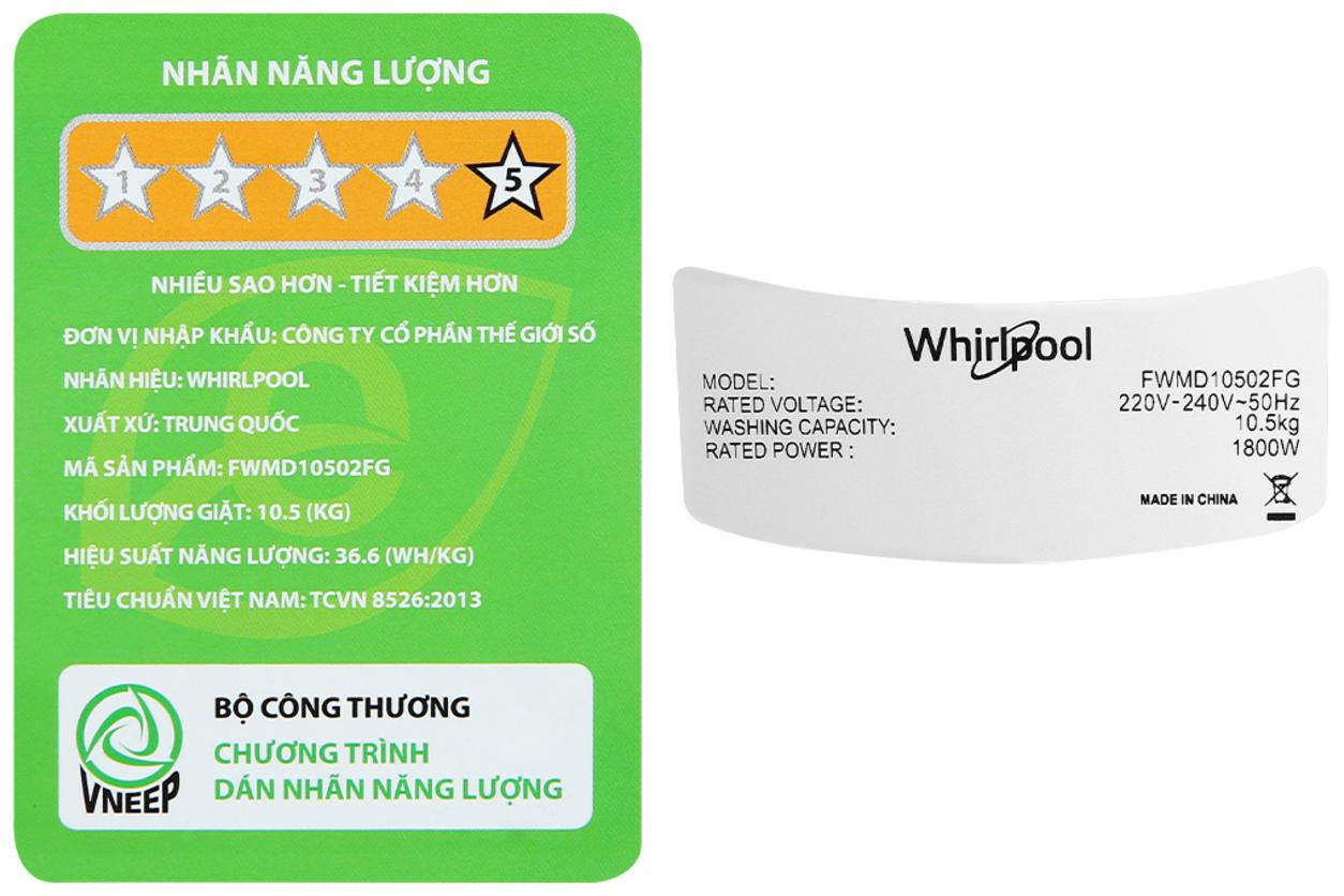 Bộ công nghệ nổi bật của Whirlpool FWMD10502FG hướng đến giặt êm, sạch và tiết kiệm điện.
