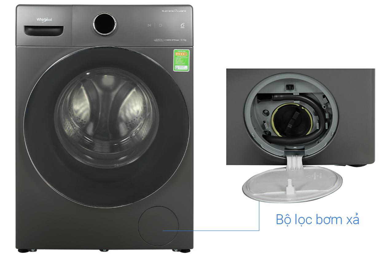 Whirlpool FWMD10502FG nổi bật với thiết kế cửa trước, lồng ngang 10.5kg và tông xám hiện đại.