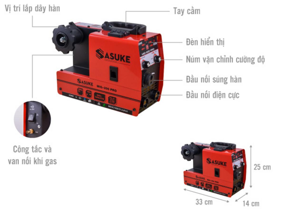 Chi tiết máy hàn Sasuke MIG 200 PRO cho thấy cấu hình gọn và bảng điều khiển dễ thao tác.