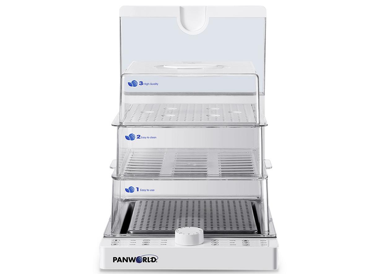 Máy hấp điện gấp gọn Panworld PW-2322 nổi bật với 3 tầng hấp và thiết kế gấp gọn cho bếp nhỏ.