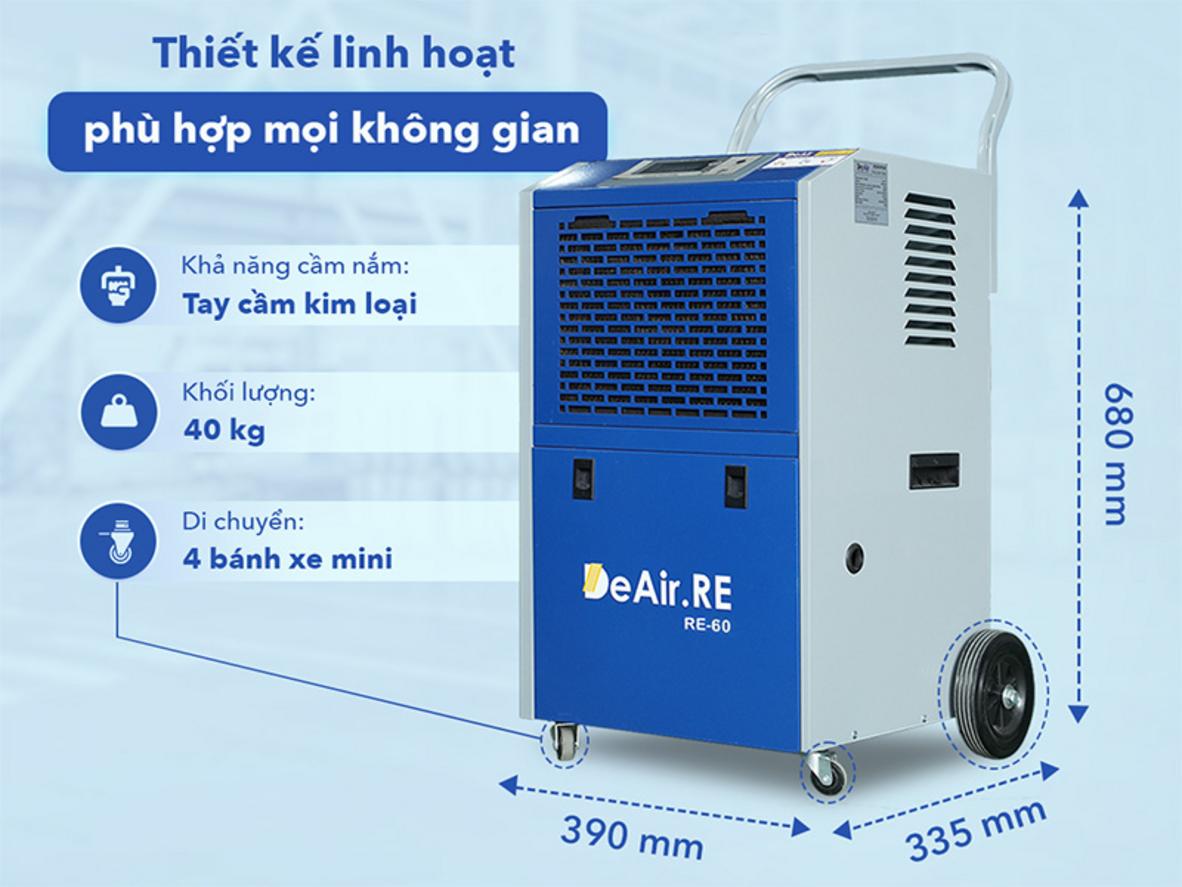 Máy hút ẩm công nghiệp DeAir.RE-60 di động, phù hợp kho hàng và xưởng vừa.