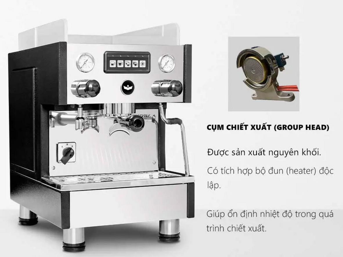Thiết kế 1 group, boiler lớn và vòi hơi giúp máy vận hành ổn định trong giờ cao điểm.