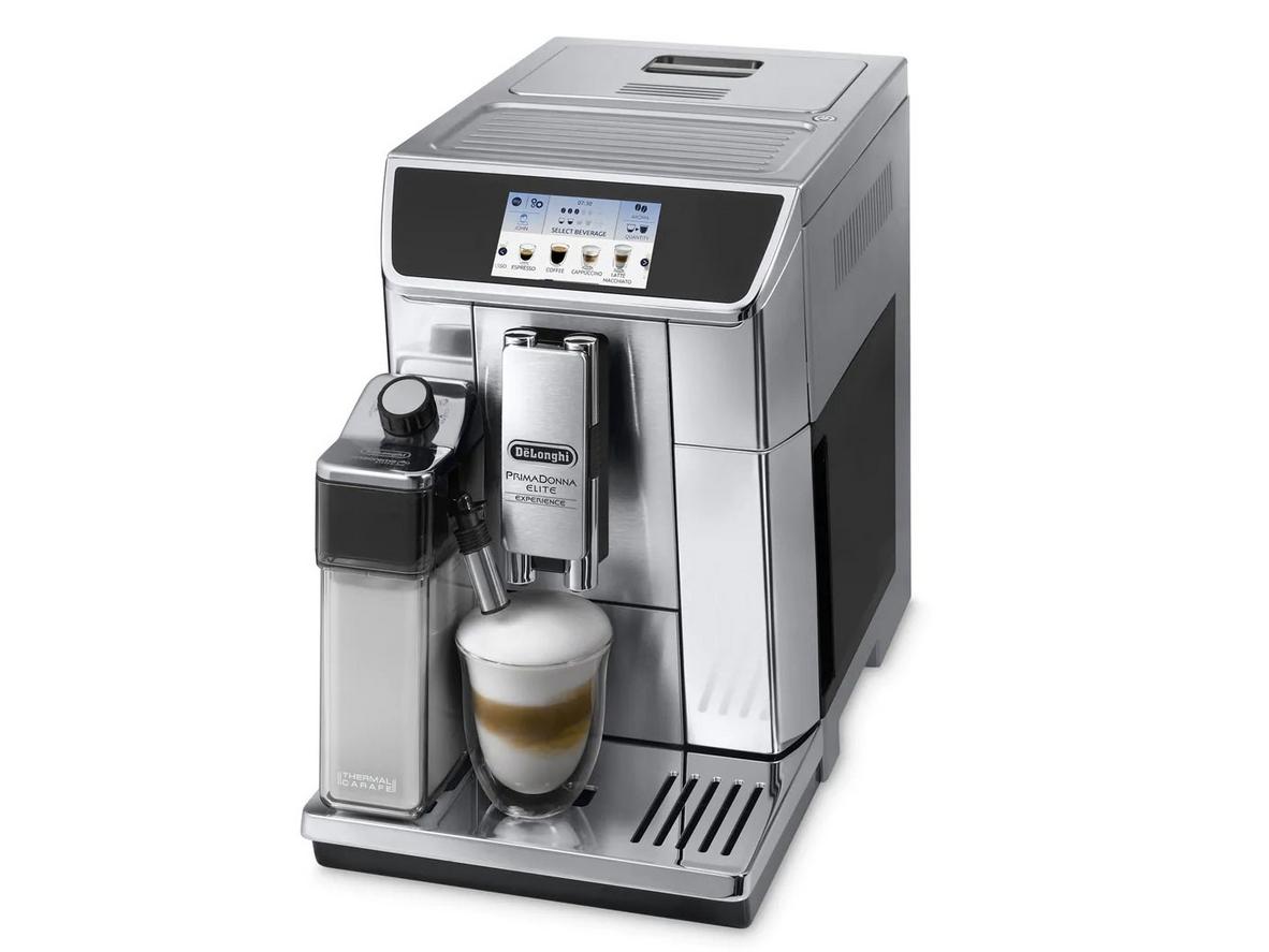 Máy pha cà phê tự động Delonghi ECAM650.85.MS với thiết kế bạc kim loại sang trọng, phù hợp cho gia đình và văn phòng nhỏ.