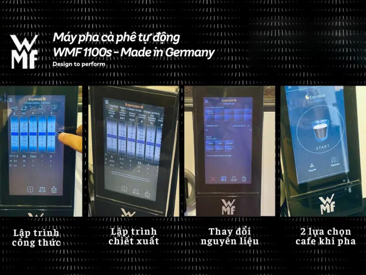 Máy pha cà phê tự động WMF 1100S (2 hộc cafe) phù hợp cho quán cần tốc độ và menu đa dạng.
