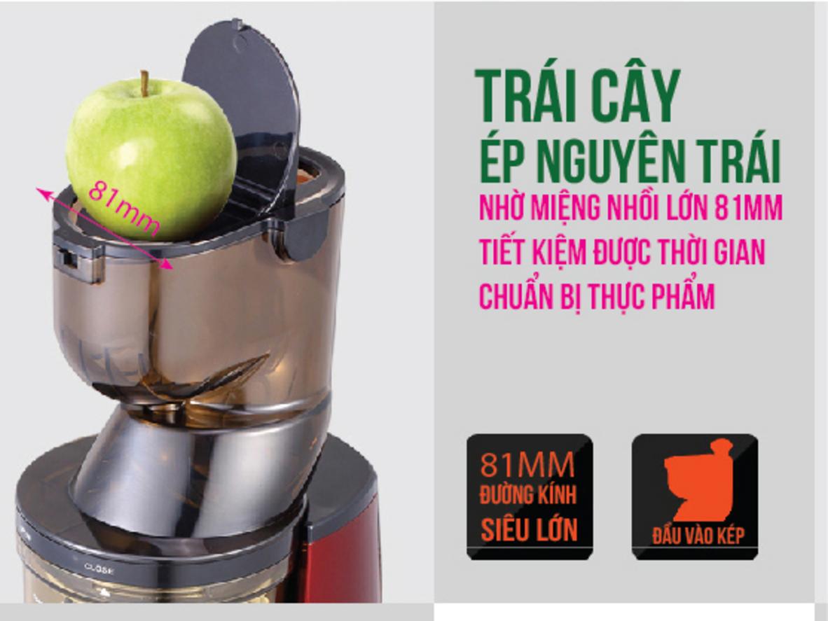 Ống tiếp nguyên liệu 8,1cm giúp ép nguyên trái tiện hơn.