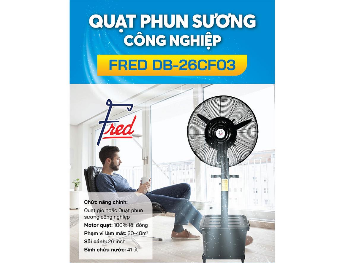 Thiết kế công nghiệp và chế độ phun sương giúp Fred DB-26CF03 phù hợp cho không gian mở, đông người.