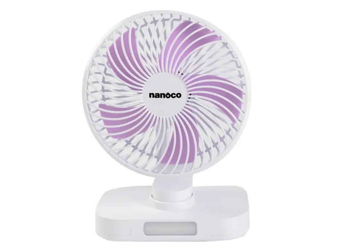 Quạt sạc Nanoco NRF6219W nhỏ gọn, có xoay và đèn LED.