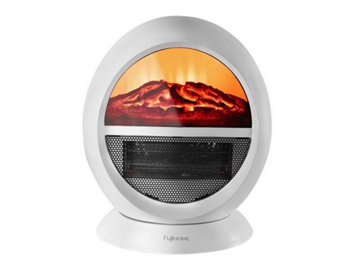 Quạt sưởi để bàn Fujihome FH09 nhỏ gọn, ấm nhanh và có hiệu ứng lửa trang trí.