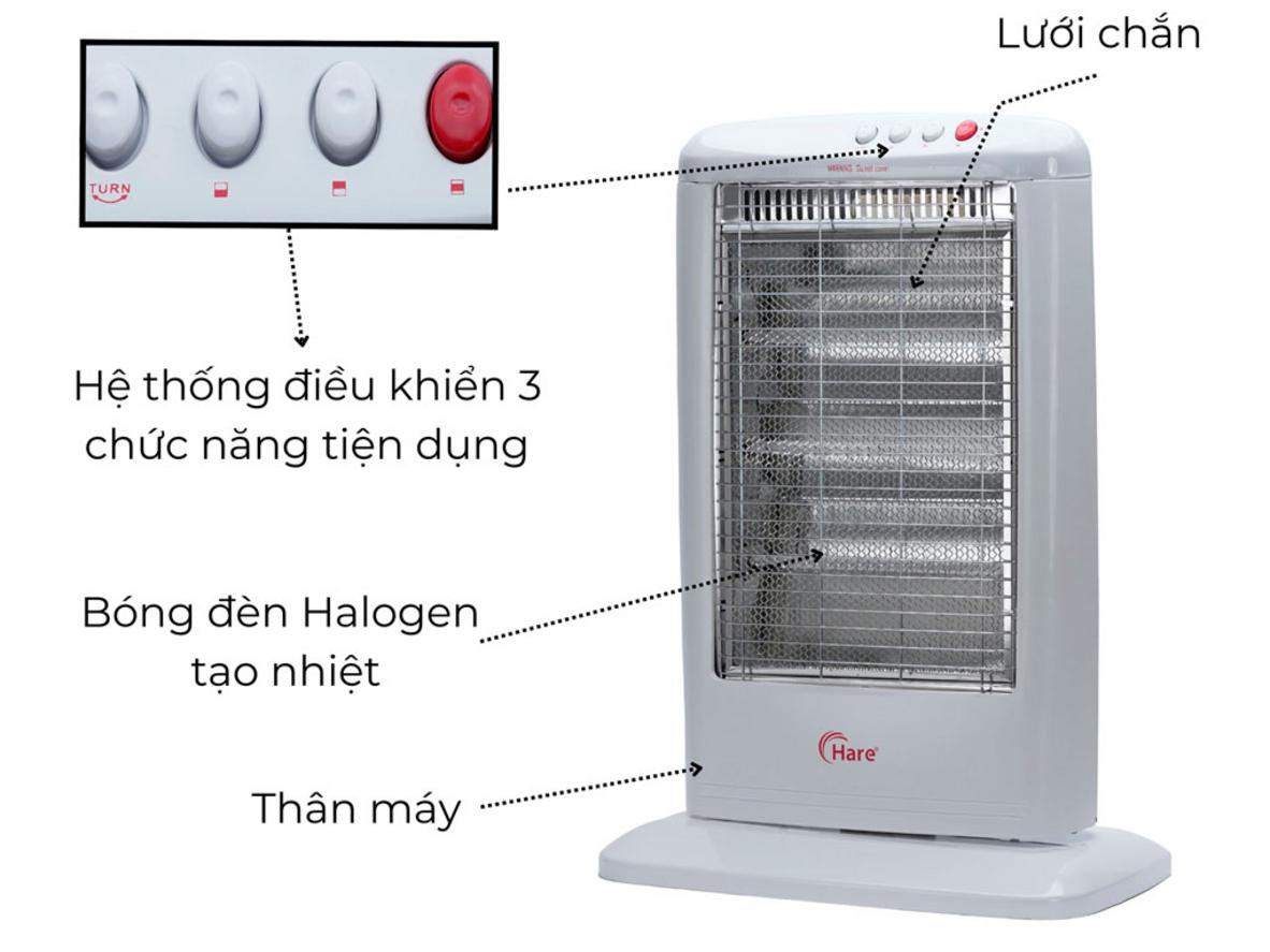 Thiết kế 3 bóng Halogen và công suất 1200W giúp quạt sưởi Hare HR-HT1200A làm ấm nhanh.