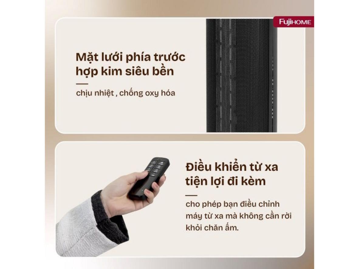 Quạt sưởi gốm Fujihome FH1950 phù hợp phòng 15–25m², làm ấm nhanh và an toàn cho gia đình.