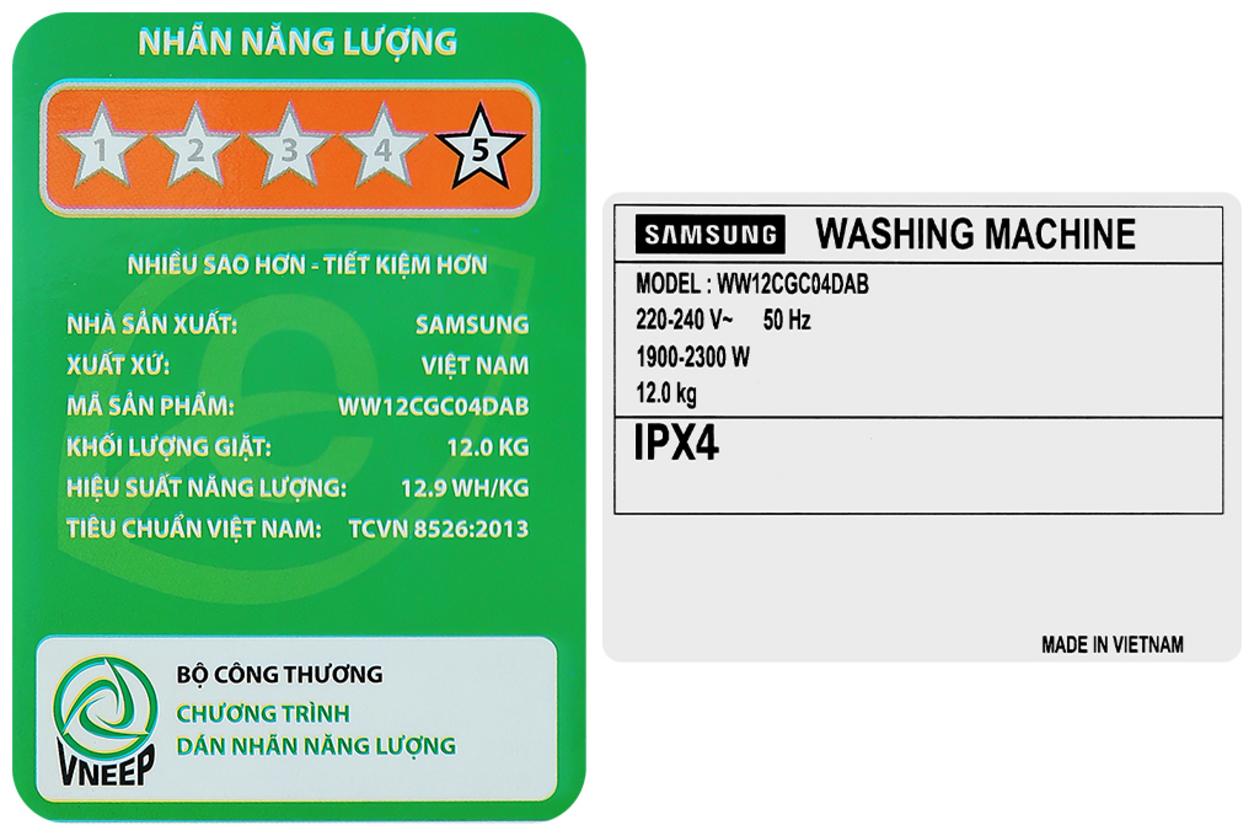 Thông số kỹ thuật chính của Samsung WW12CGC04DABSV giúp người mua chốt nhanh.