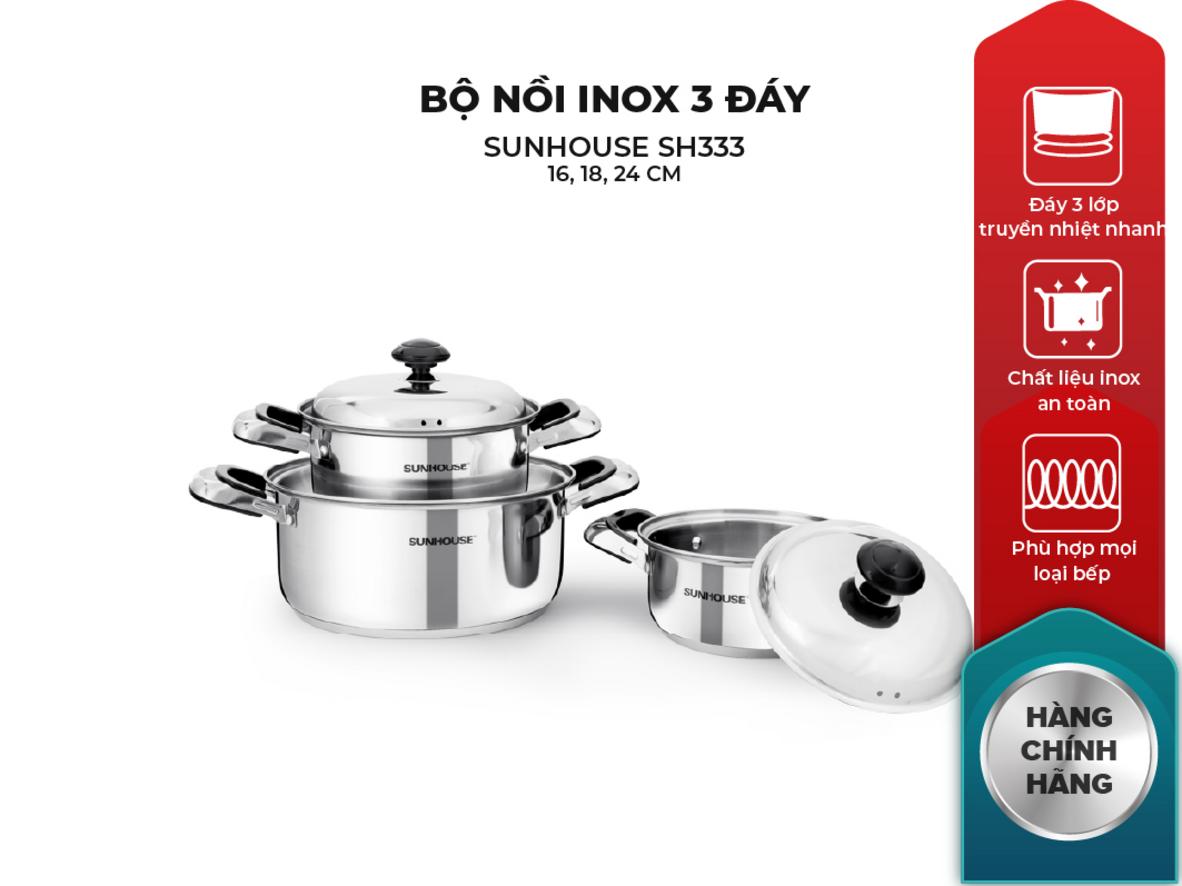 Đáy 3 lớp giúp Sunhouse SH333 truyền nhiệt đều và nấu ổn định hơn.