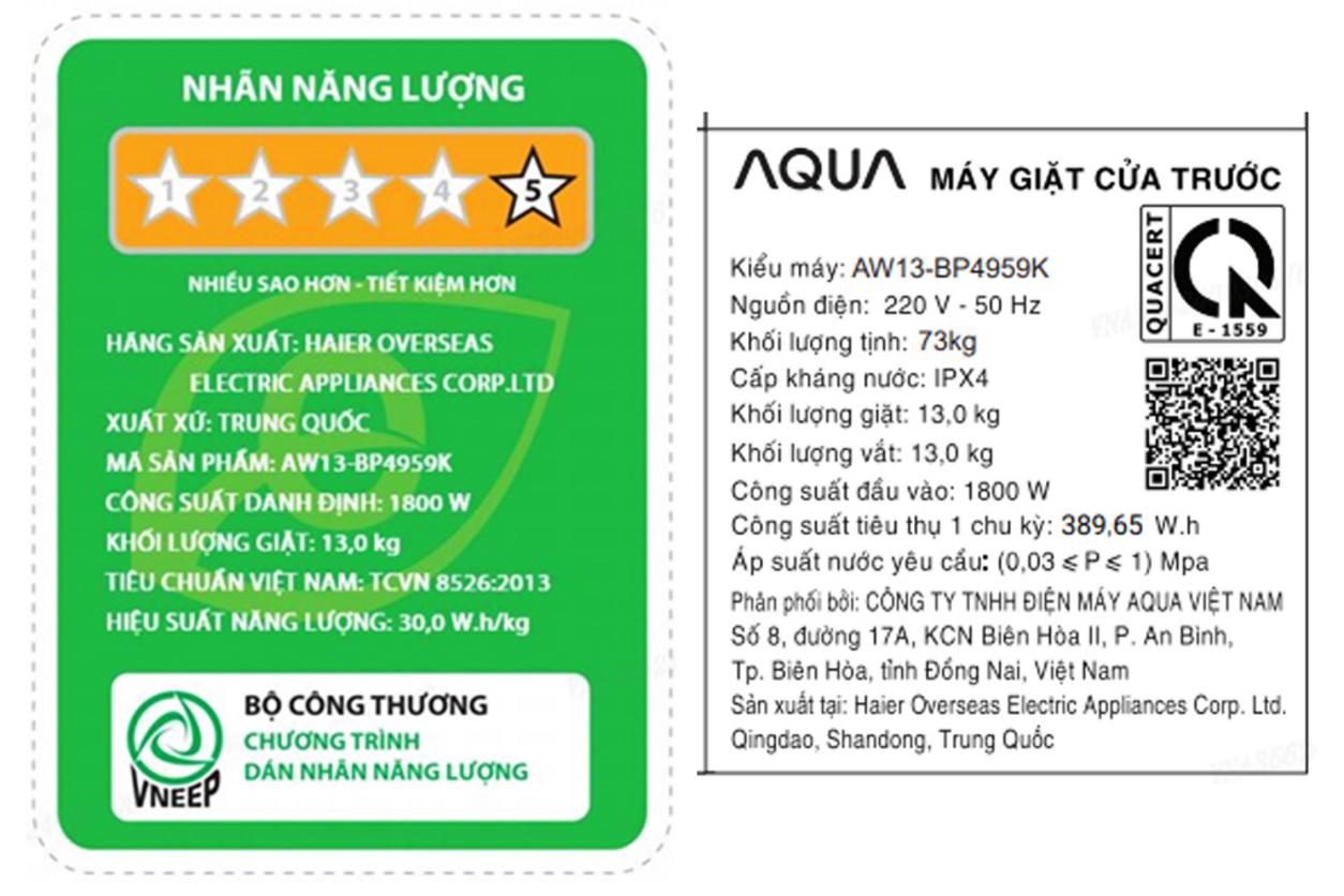 Thông số cốt lõi của máy giặt Aqua Inverter 13kg AW13-BP4959K(S8).