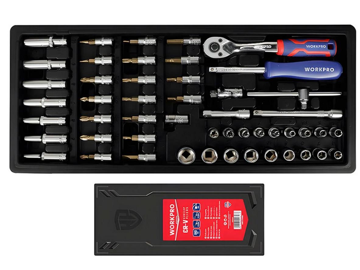 Bộ đầu cờ lê thay thế 1/4 inch Workpro WP209038 gồm 50 chi tiết, gọn nhẹ và dễ thao tác.