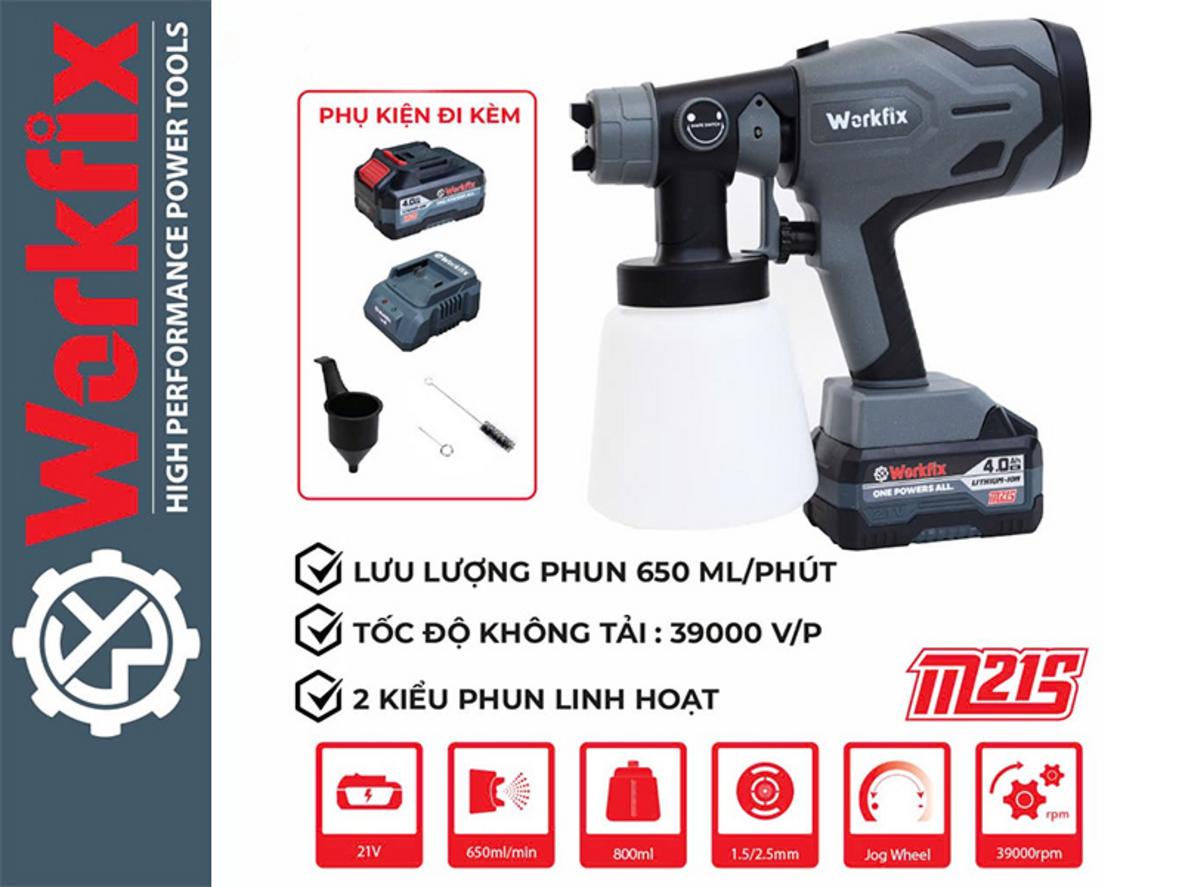 Điện áp 21V và 39.000 vòng/phút hỗ trợ phun đều, chủ động ở nơi khó kéo điện.